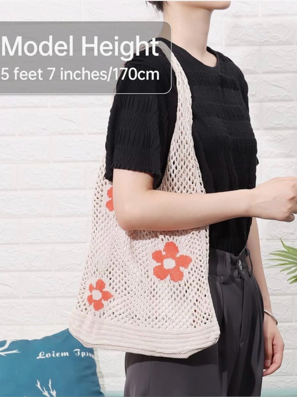 Beige Crochet Tote with Red Flower Accents